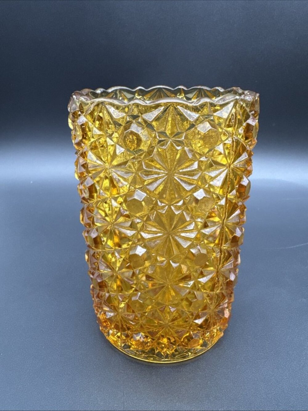 Vintage L.G. Wright Daisy & Button Amber Glass Spooner Celery Vase 5” Candle